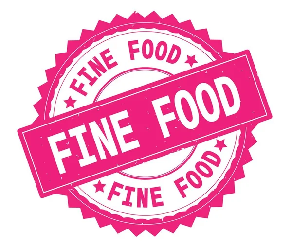 FINE FOOD texto rosa sello redondo, con borde en zig zag . — Foto de Stock