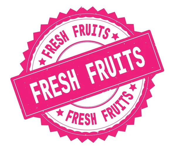 Färska frukter rosa text rund stämpel, med zig zag kant. — Stockfoto