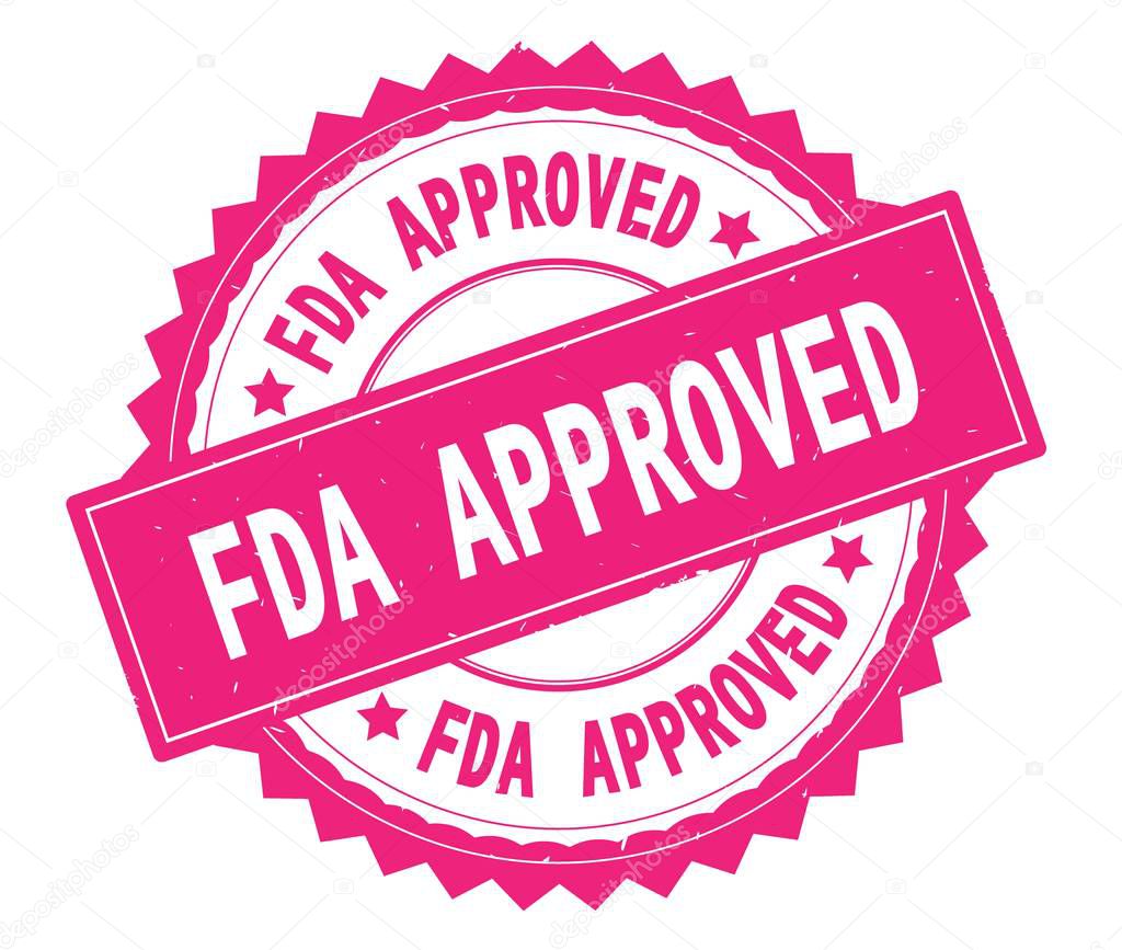 FDA APPROVED pink text round stamp, with zig zag border.