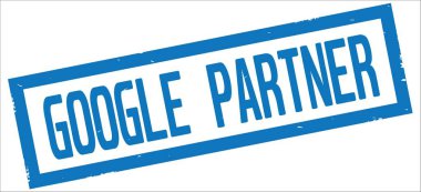 Mavi dikdörtgen kenarlık damga üzerinde Google ortağı metin.