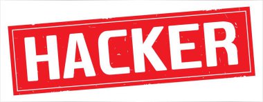 Hacker metni, tam kırmızı dikdörtgen damgası.