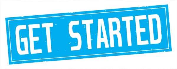 GET STARTED text, on full cyan rectangle stamp.