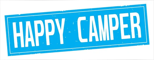 Fröhlicher Camper-Text, auf vollständigem Cyan-Rechteck-Stempel. — Stockfoto