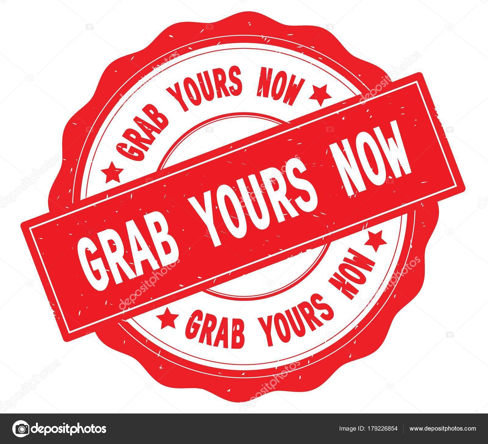 GRAB YOURS NOW text, written on red round badge. Stock Photo by
