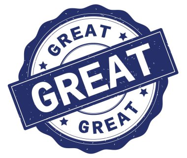 Mavi yuvarlak rozet yazılmış büyük metin.