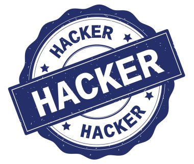 Hacker metin, mavi yuvarlak rozet yazılmış.