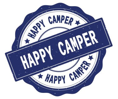 Mavi yuvarlak rozet yazılı mutlu Camper metin.