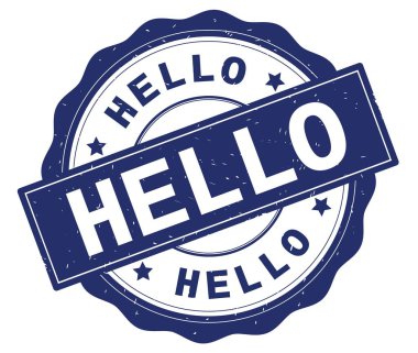 Mavi yuvarlak rozet yazılmış metni, Merhaba.