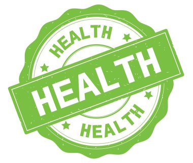 Yeşil yuvarlak rozet yazılı sağlık metin.