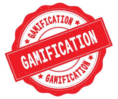 Gamification metin, kırmızı yuvarlak rozet yazılmış.
