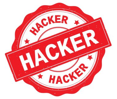 Hacker metin, kırmızı yuvarlak rozet yazılmış.
