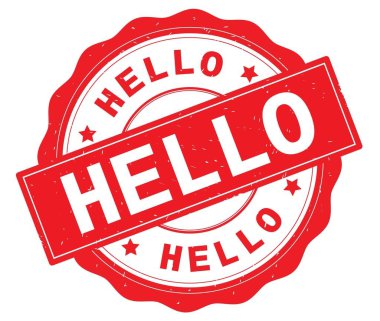 Kırmızı yuvarlak rozet yazılmış metni, Merhaba.