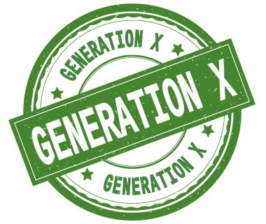 Generation X, yazılı metin yeşil yuvarlak lastik damgası.