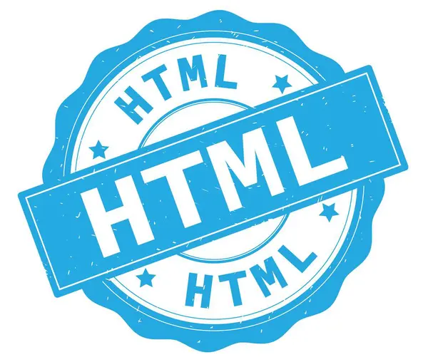 HTML-tekst, geschreven op cyaan ronde badge. — Stockfoto