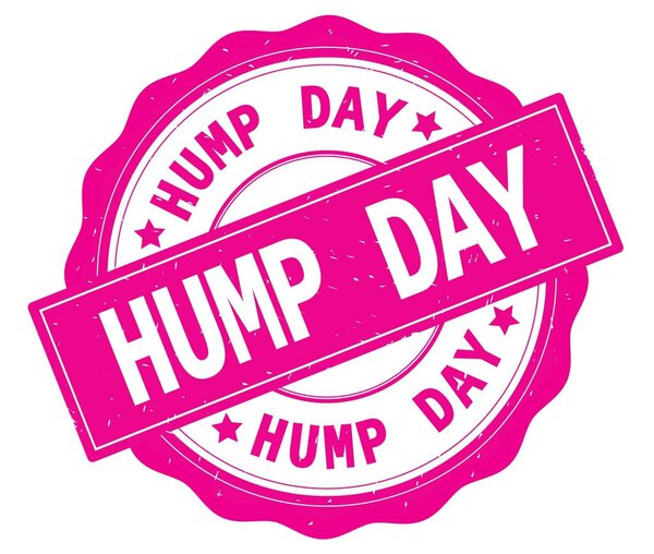 Текст HUMP DAY, написанный на розовом круглом значке
.
