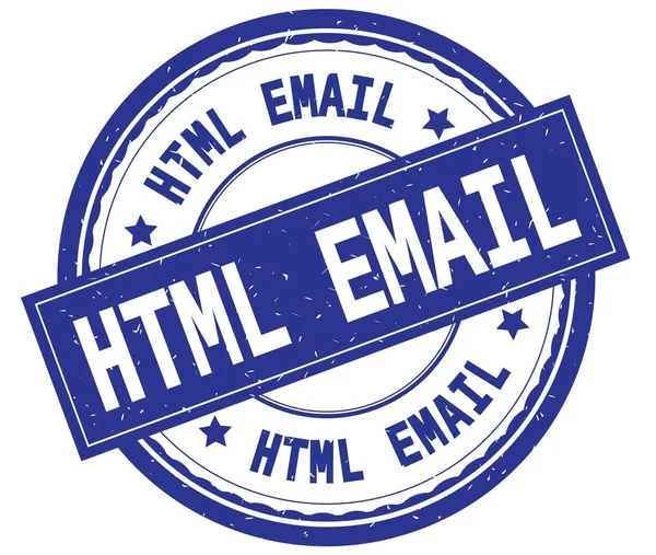 HTML EMAIL, texto escrito no selo de borracha redondo azul . — Fotografia de Stock