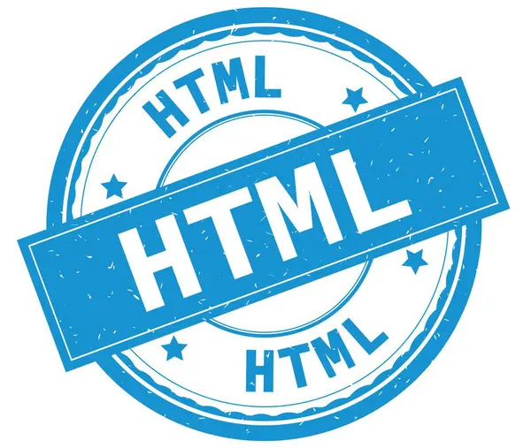 HTML, psaným textem na azurové kulaté razítko. — Stock fotografie