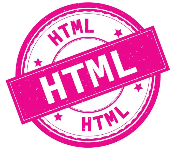HTML, psaným textem na růžové kulaté razítko. — Stock fotografie