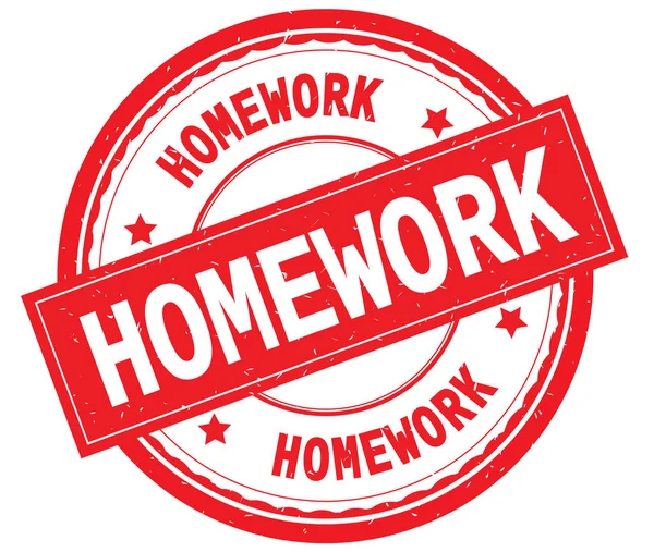 HOMEWORK texto escrito no selo de borracha redonda vermelha . — Fotografia de Stock