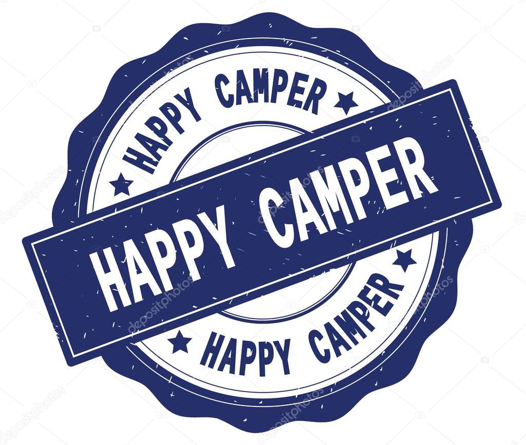 HAPPY CAMPER text, written on blue round badge.