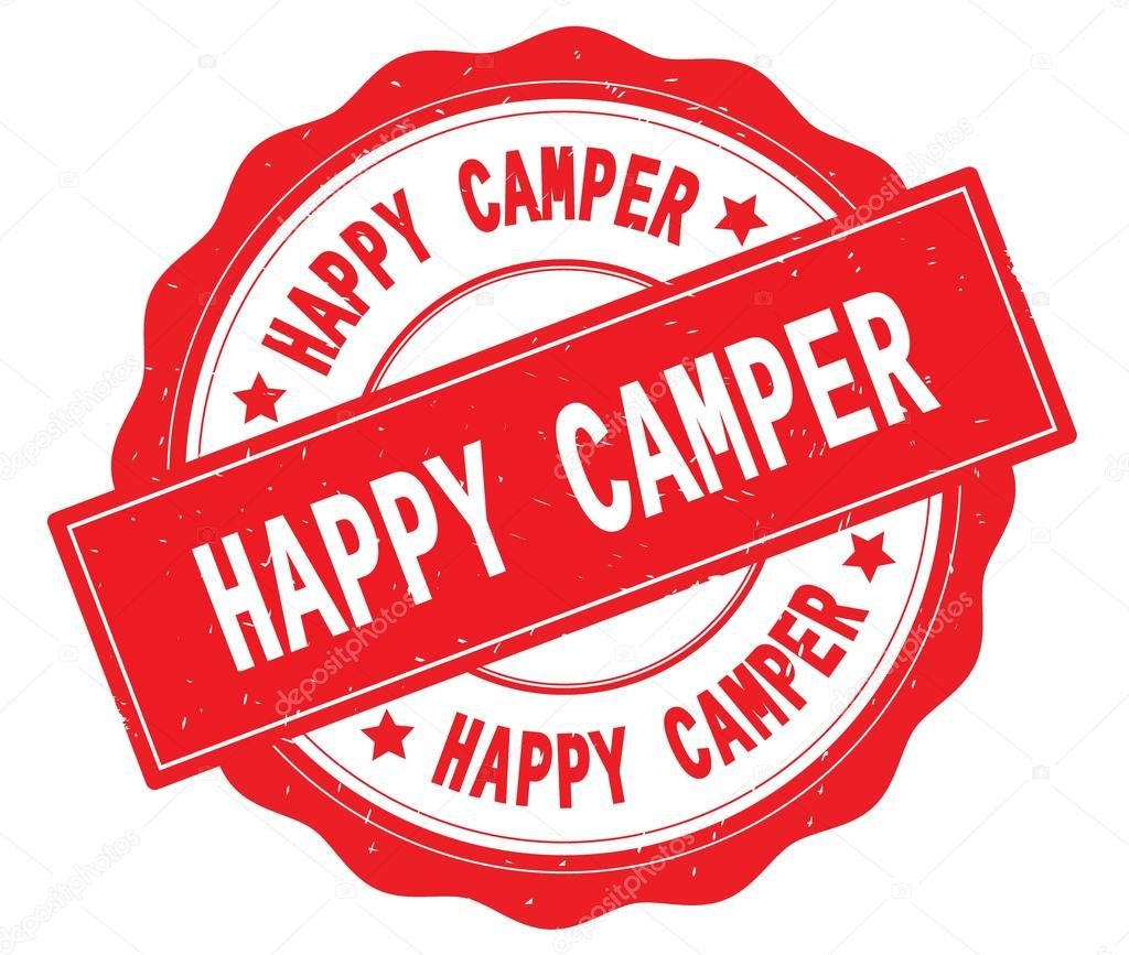 HAPPY CAMPER text, written on red round badge.