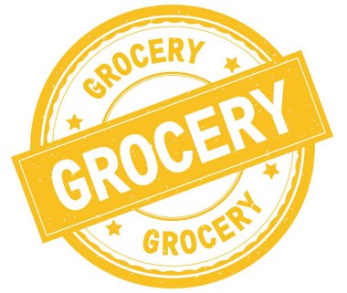 GROCERY , written text on yellow round rubber stamp.