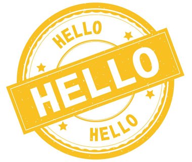 Merhaba, yazılı metin sarı yuvarlak lastik damgası.