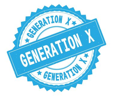 Generation X mavi metin damgası, zig zag kenarlıklı yuvarlak.