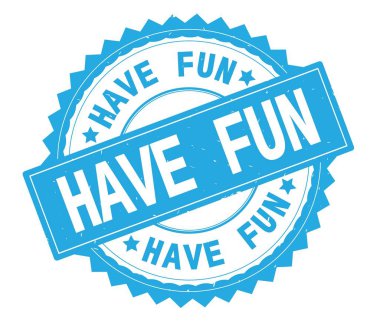 Damga, zig zag kenarlıklı yuvarlak eğlenceli mavi metin var.