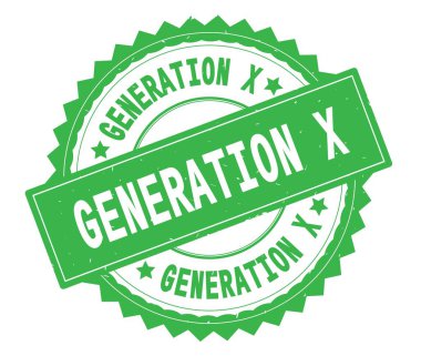 Generation X yeşil metin damgası, zig zag kenarlıklı yuvarlak.
