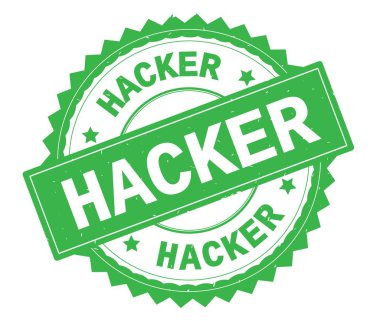 Hacker yeşil metin damgası, zig zag kenarlıklı yuvarlak.