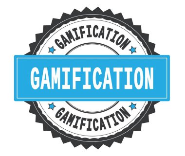 Gamification metin gri ve mavi yuvarlak damga, zig zag bor ile