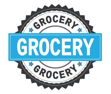 Bakkal metin gri ve mavi yuvarlak damga, zig zag kenarlıklı.