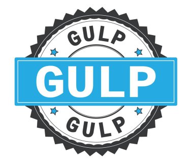 Gri ve mavi yuvarlak damga, zig zag kenarlıklı metin yudum.