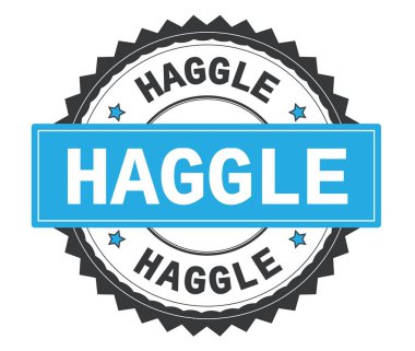 Gri ve mavi yuvarlak damga, zig zag kenarlıklı metin pazarlık.