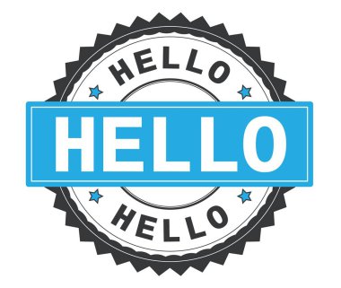 Merhaba metin gri ve mavi yuvarlak damga, zig zag kenarlıklı.