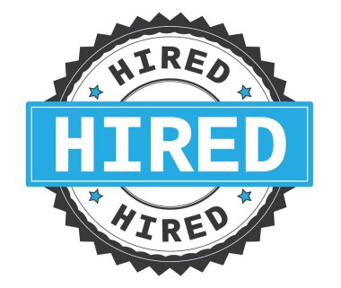 İşe alınan metin gri ve mavi yuvarlak damga, zig zag kenarlıklı.