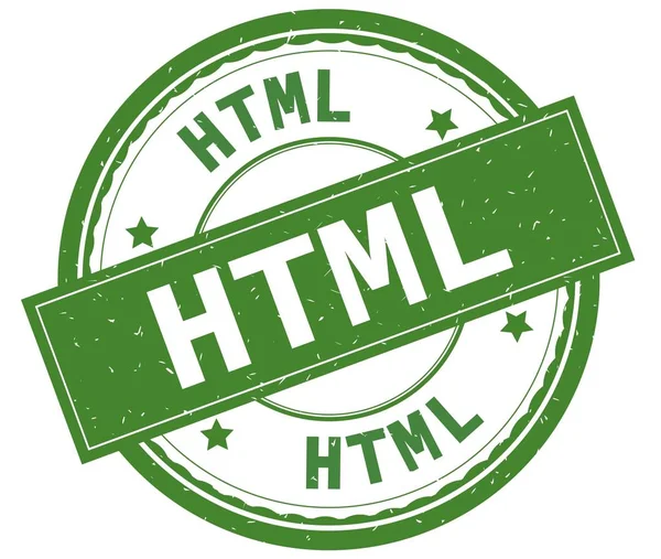 HTML, psaným textem na zelené kulaté razítko. — Stock fotografie