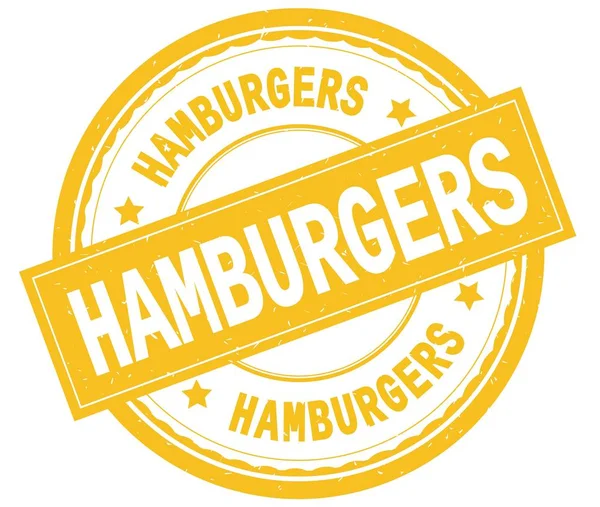 Hamburgery, tekst napisany na żółty pieczątka okrągła. — Zdjęcie stockowe