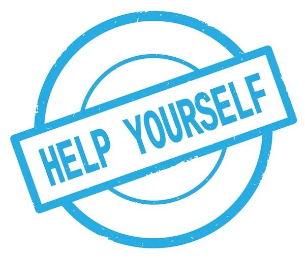 Kendine Yardım metni, camgöbeği basit daire damga yazılmış.