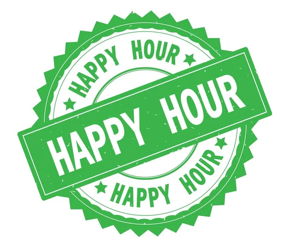 HAPPY HOUR green text round stamp, with zig zag border. — Stock Photo, Image