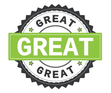 Zig zag kenarlıklı gri ve yeşil yuvarlak damga üzerinde büyük metin.