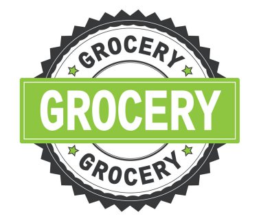 Bakkal gri ve yeşil yuvarlak damga, zig zag kenarlıklı metin.