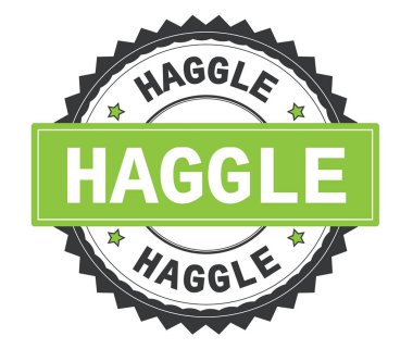 Gri ve yeşil yuvarlak damga, zig zag kenarlıklı metin pazarlık.