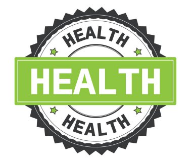 Sağlık metin gri ve yeşil yuvarlak damga, zig zag kenarlıklı.