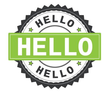 Merhaba metin gri ve yeşil yuvarlak damga, zig zag kenarlıklı.