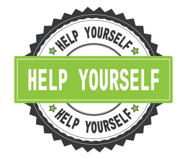 Kendine Yardım metni gri ve yeşil yuvarlak damga, zig zag b üzerinde