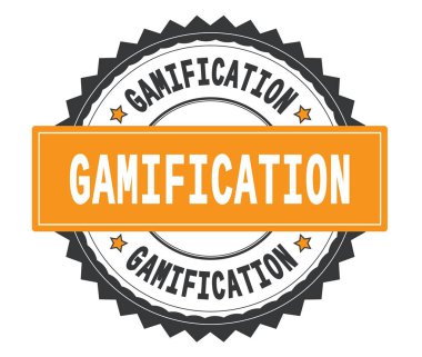 Gamification metin gri ve turuncu yuvarlak damga, zig zag b