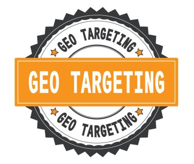 Coğrafi hedefleme metin gri ve turuncu yuvarlak damga, zig zag ile 