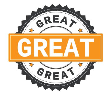 Zig zag kenarlıklı gri ve turuncu yuvarlak damga üzerinde büyük metin.